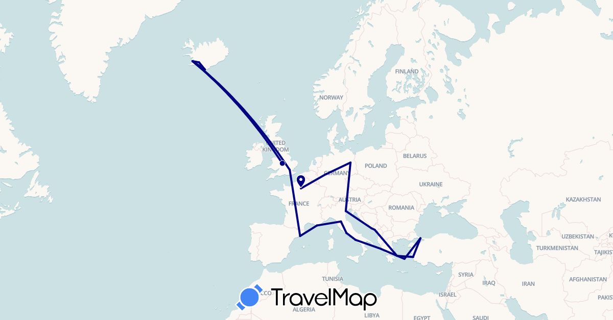 TravelMap itinerary: driving in Germany, Spain, France, United Kingdom, Greece, Croatia, Iceland, Italy, Montenegro, Turkey (Asia, Europe)